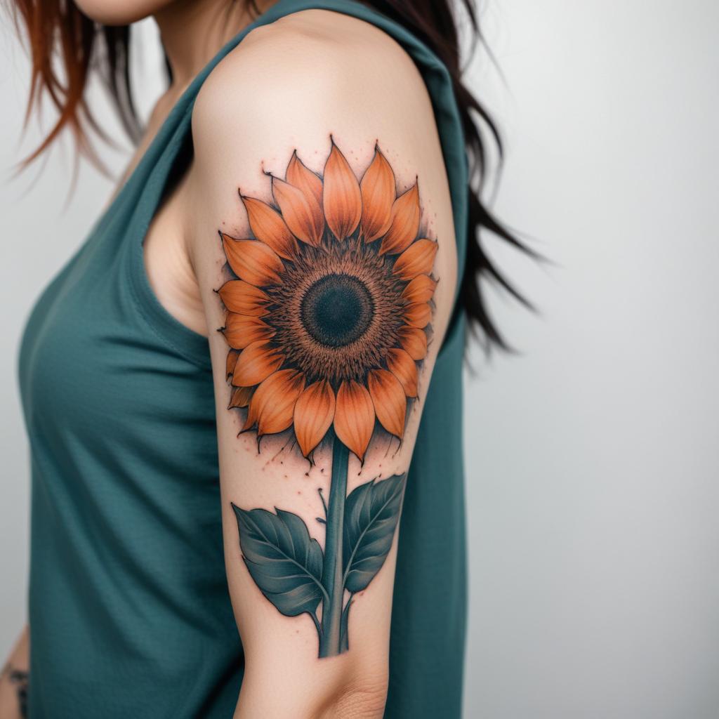 Uma tatuagem vibrante de girassol no braço feminina que simboliza alegria, otimismo e energia positiva