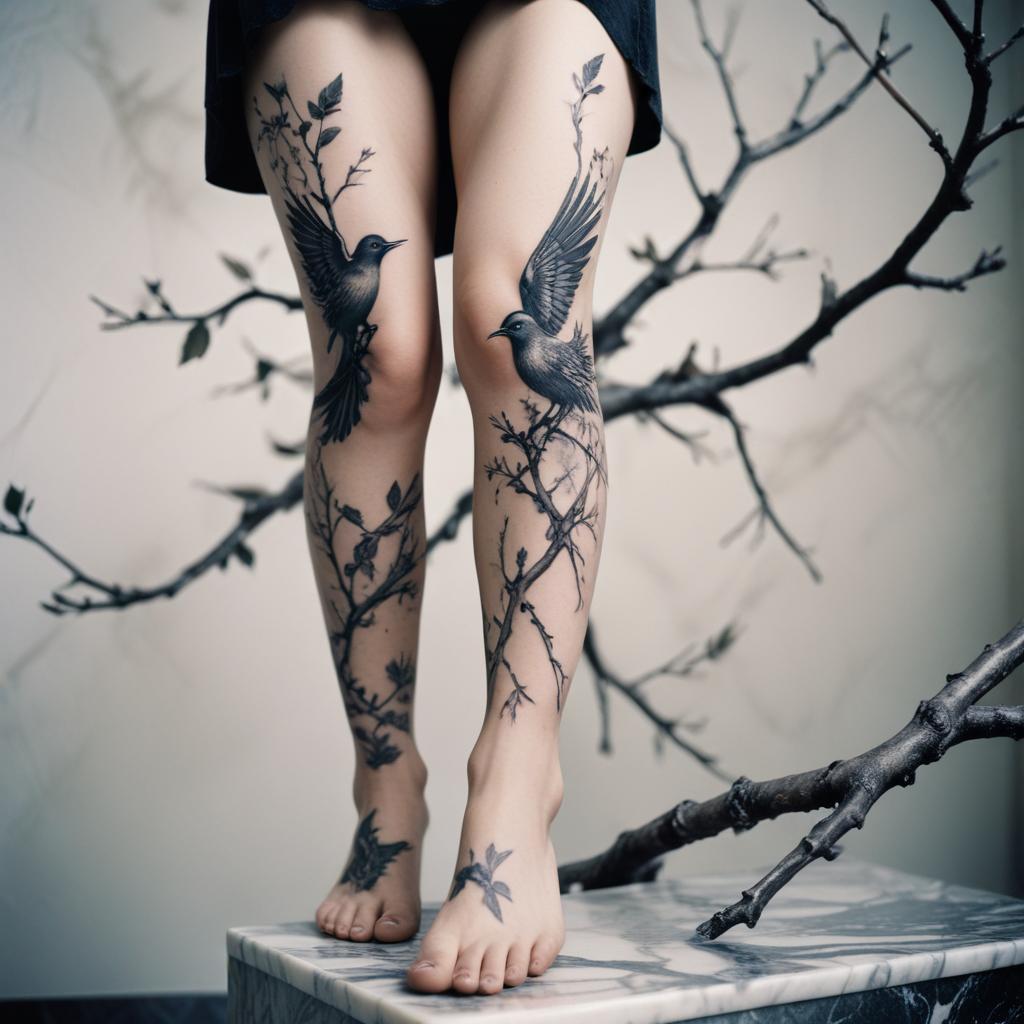 Uma tatuagem feminina inspirada na natureza que apresenta pássaros delicadamente posicionados em árvores, adornando a perna com um design etéreo e orgânico