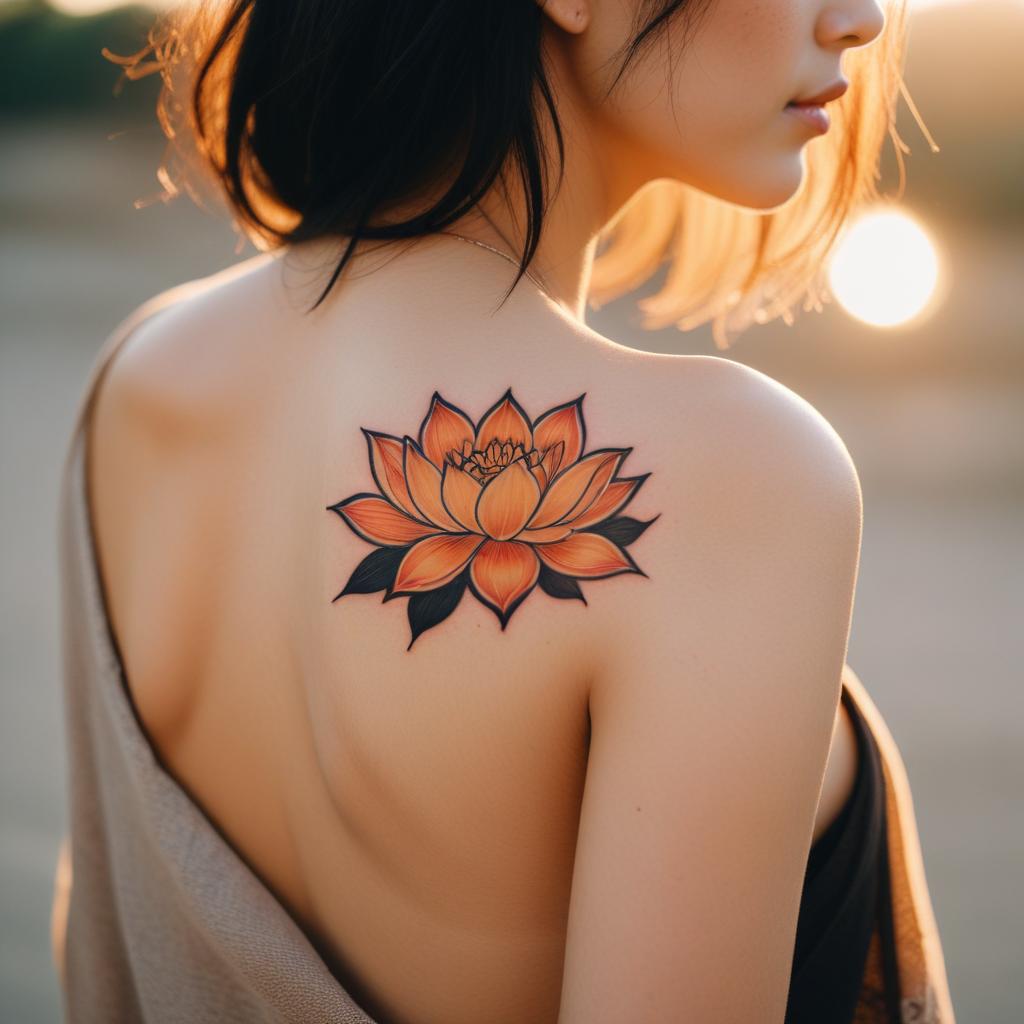 Uma tatuagem de flor de lótus nas costas feminina que simboliza pureza, crescimento espiritual e renascimento