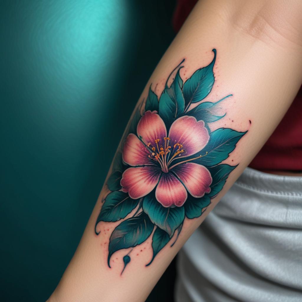 Uma delicada tatuagem de flor de cerejeira no antebraço feminino que simboliza beleza, renovação e a natureza efêmera da vida