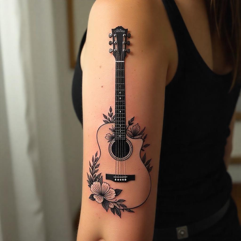 Tatuagem de Guitarra no Braço Feminino

