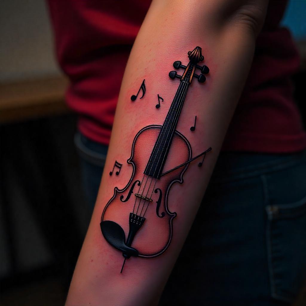 Tatuagem de Violino no Braço Feminino

