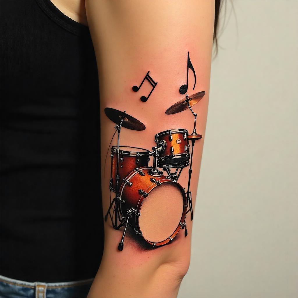 Tatuagem de Bateria e Percussão no Braço Feminino