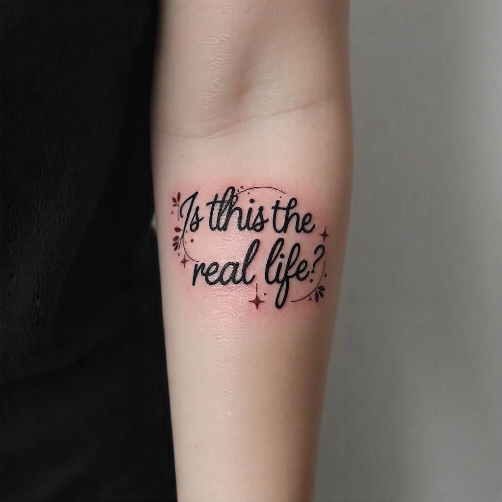 Tatuagem de Letras de Música no Braço Feminino "Is this the real life"