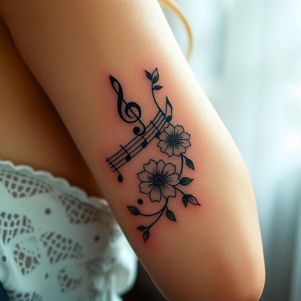 Tatuagem de Notas Musicais e Flores no Braço Feminino