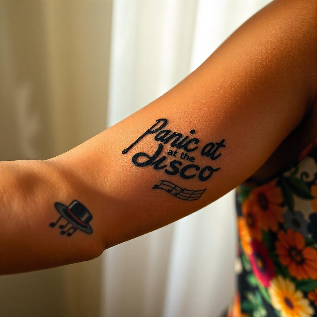 Tatuagem no Braço Feminino da Frase "Panic at the Disco"