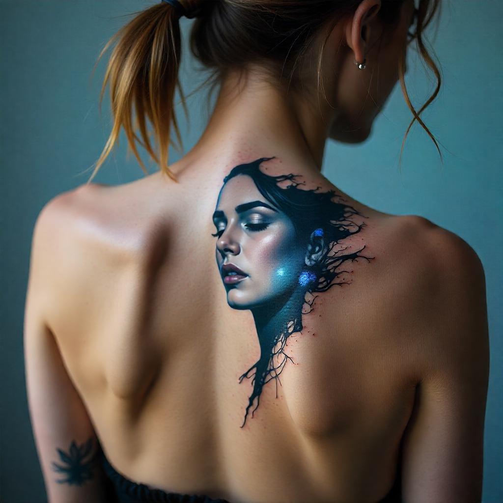 Tatuagem Feminina: Tatuagem abstrata de retrato nas costas