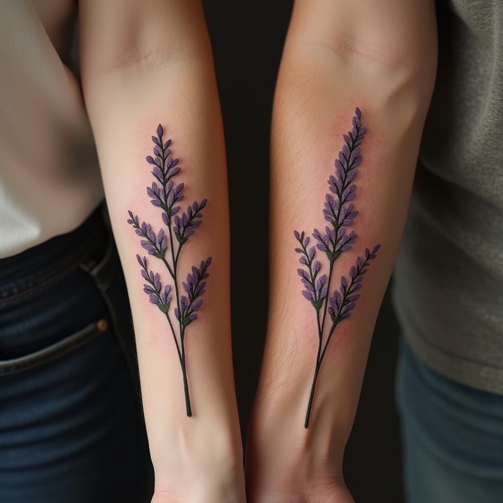 Tatuagem de Casal com Flor de Lavanda no Braço

