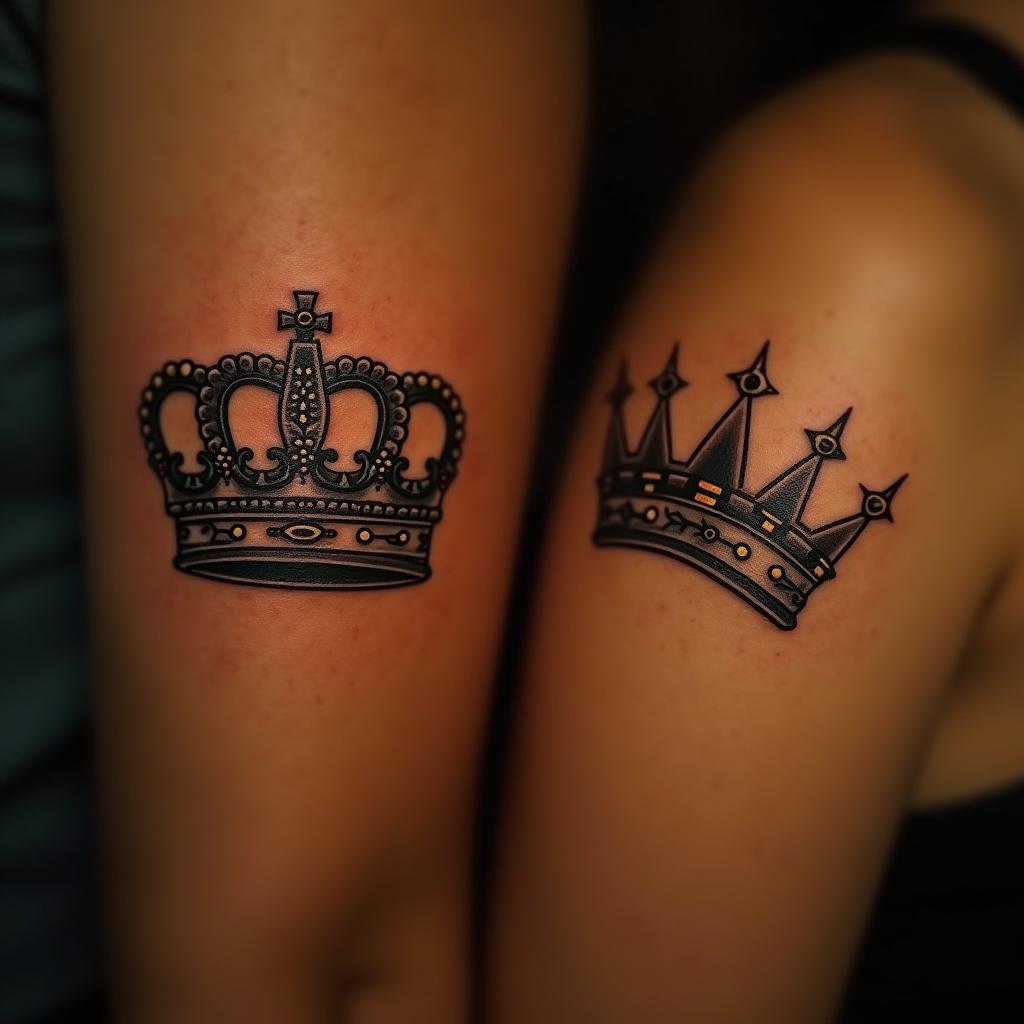 Uma tatuagem de casal de coroas que simboliza amor, união e parceria