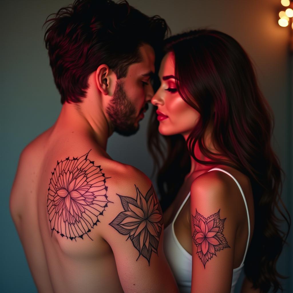 Uma tatuagem geométrica para casais que simboliza a conexão e o amor entre duas pessoas de forma moderna e estilizada