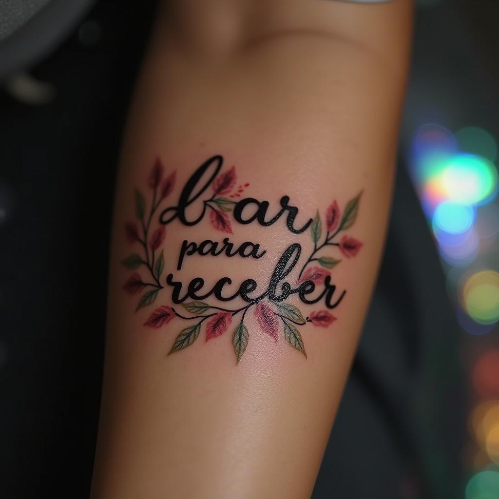 Uma tatuagem feminina que exibe a frase "dar para receber" em uma fonte elegante e fluida, simbolizando a importância da generosidade e reciprocidade nas relações