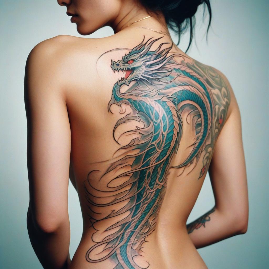 Uma tatuagem de dragão com linhas fluídas nas costas que simboliza poder, elegância e liberdade