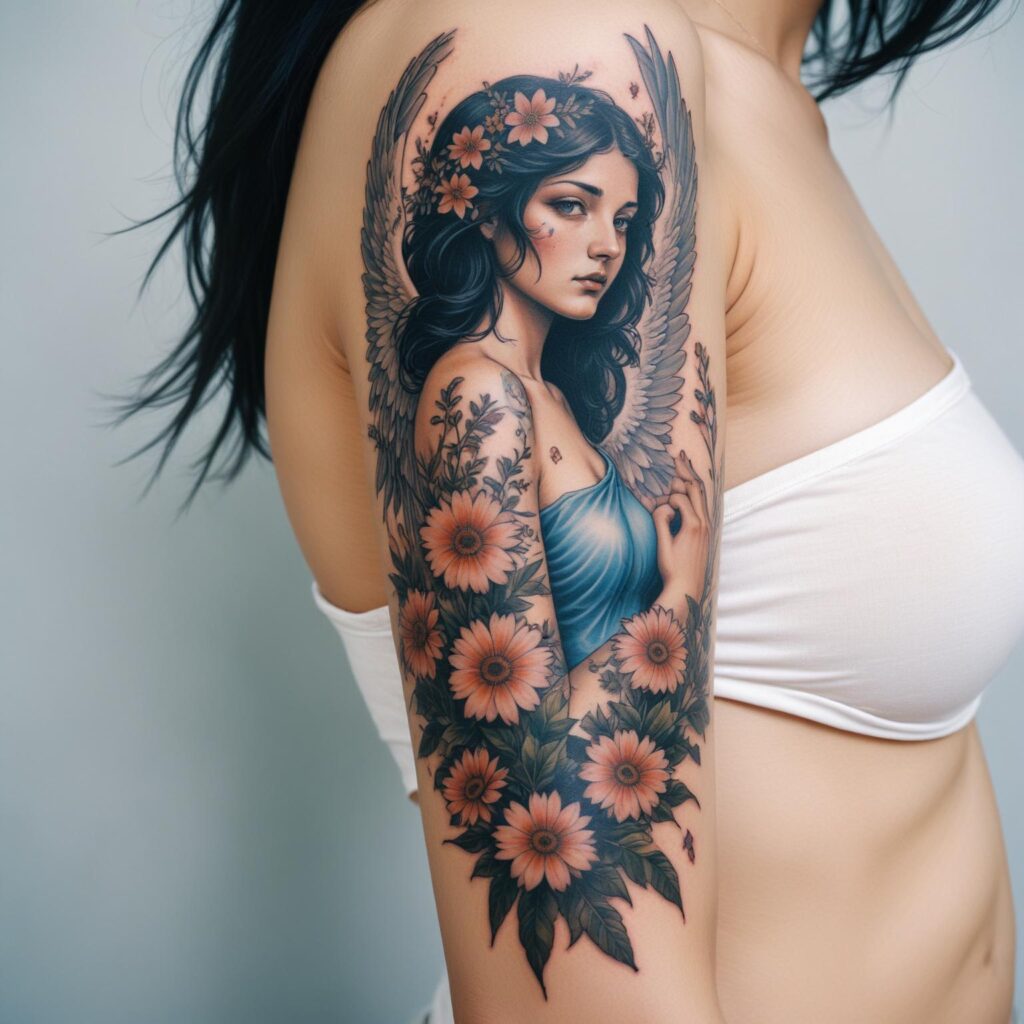 Tatuagem de anjo com flores no braço feminina, simbolizando proteção, paz e beleza. 

