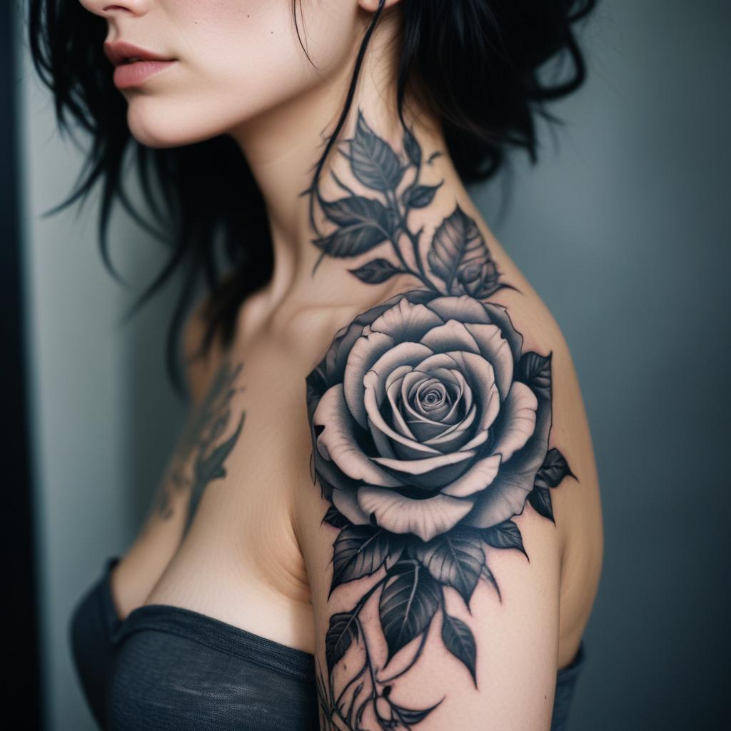 Uma tatuagem de rosa em preto e cinza no ombro que simboliza beleza atemporal, elegância e mistério