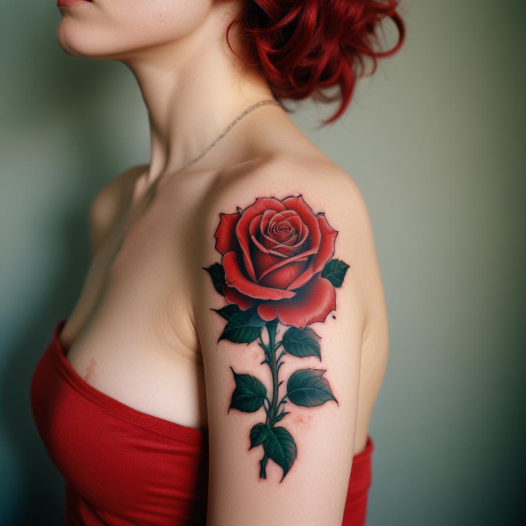 Uma tatuagem de rosa vermelha clássica no braço que simboliza amor, paixão e beleza atemporal