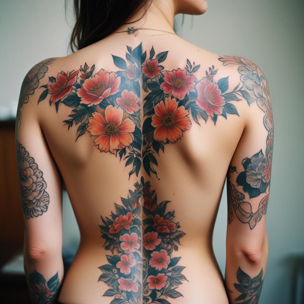 Uma tatuagem floral que cobre as costas inteiras, simbolizando feminilidade, beleza e a conexão com a natureza