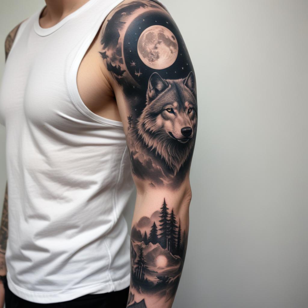 Uma tatuagem de lobo e lua em manga completa no braço que simboliza força, mistério e conexão com a natureza. 