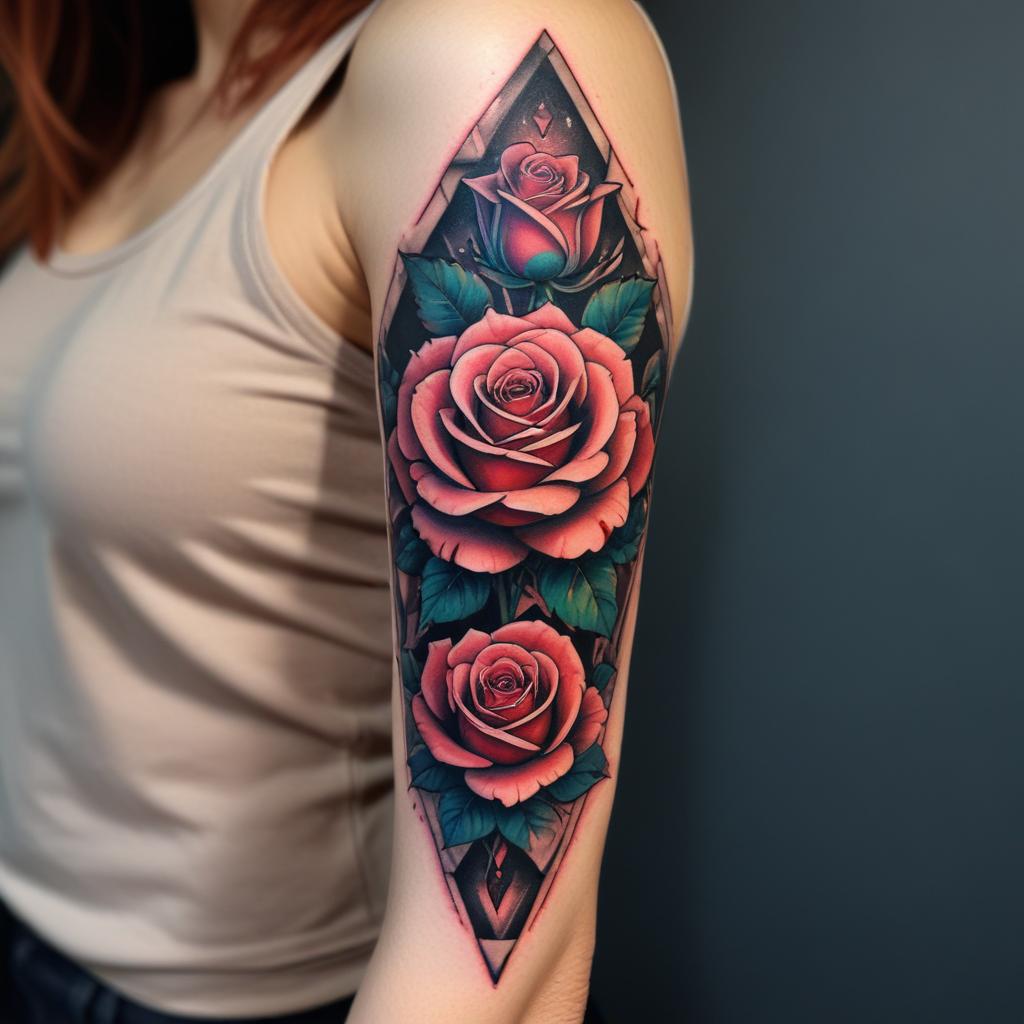 Uma tatuagem de rosa geométrica no braço que combina a beleza natural da flor com a precisão das formas geométricas