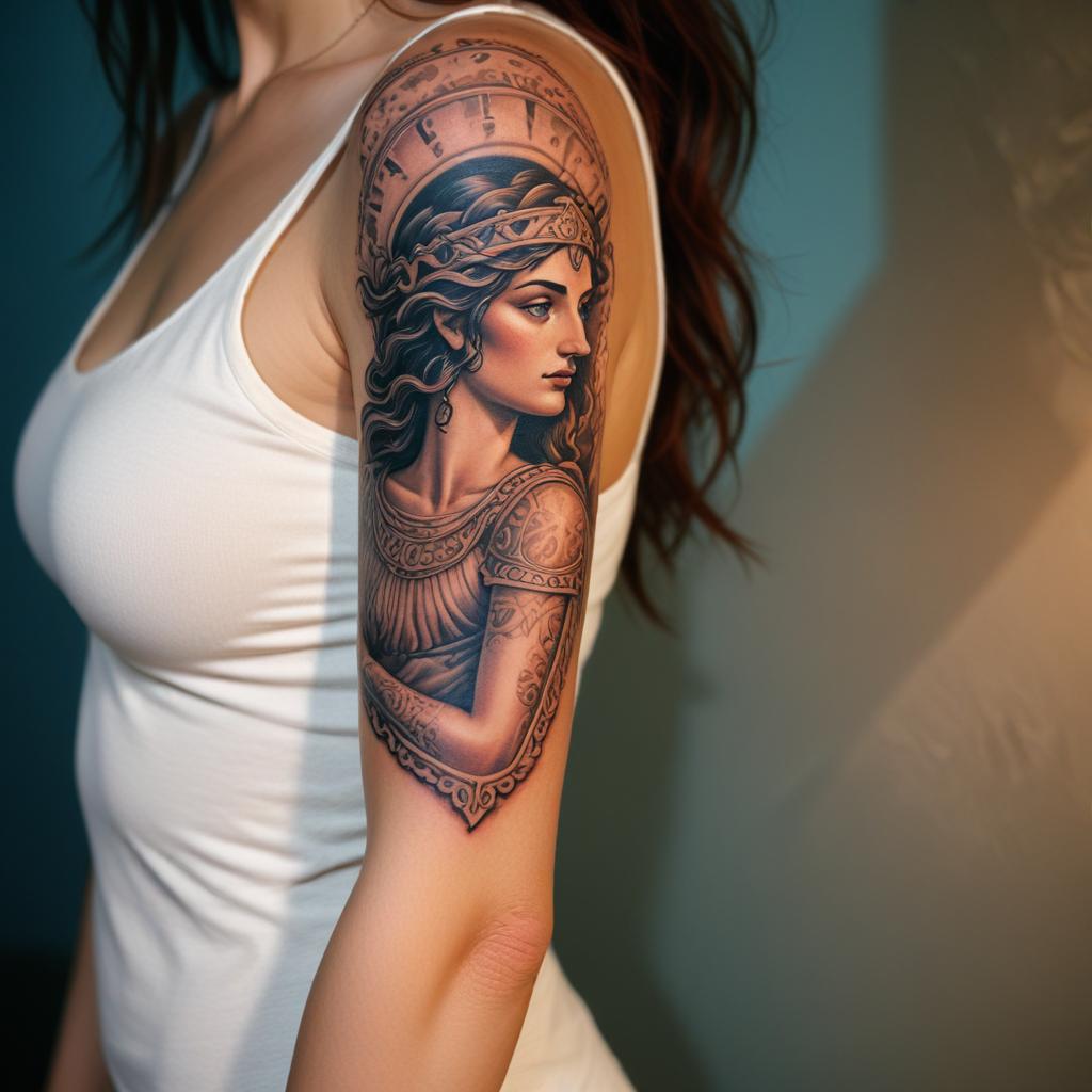 tatuagem no braço feminino de mitologia grega 
