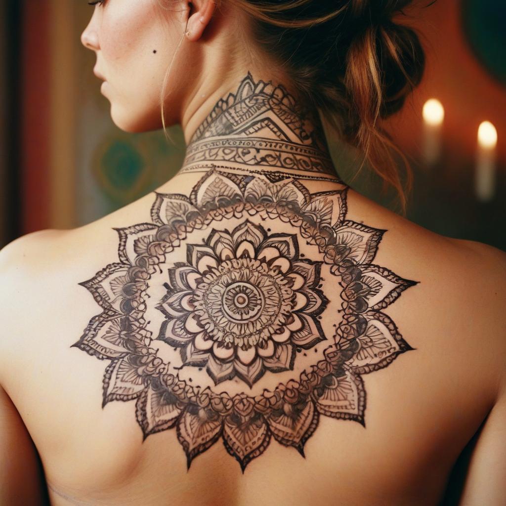 Uma tatuagem de mandala nas costas que simboliza equilíbrio, harmonia e conexão espiritual