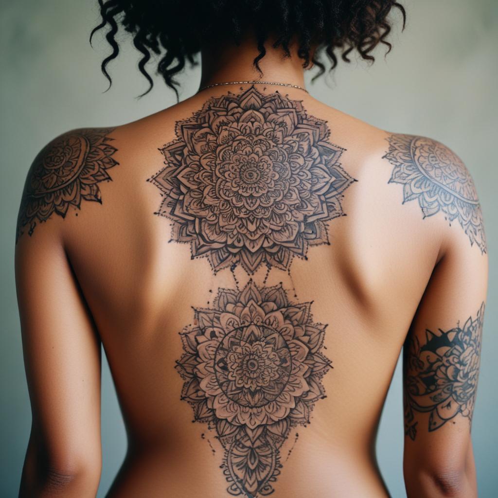 Uma tatuagem de mandala nas costas que simboliza equilíbrio, harmonia e espiritualidade