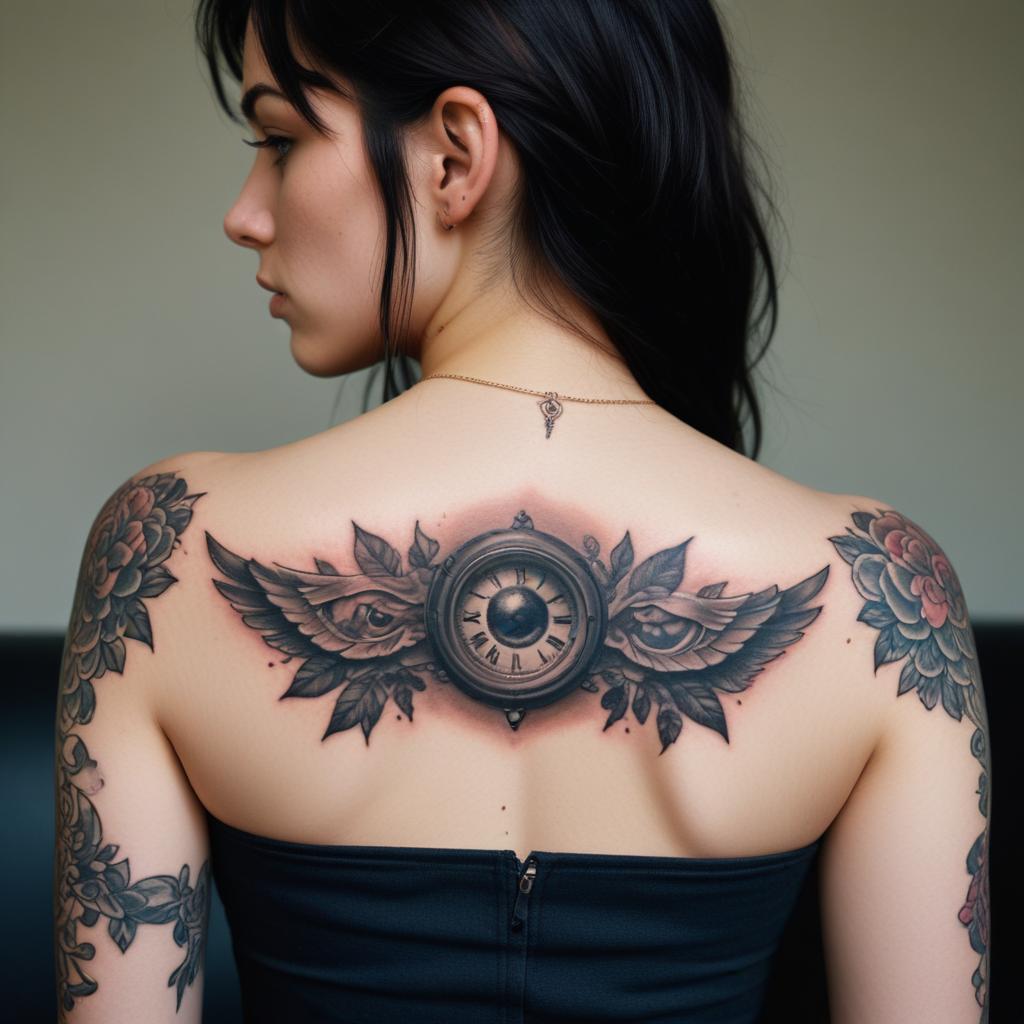 Uma tatuagem de micro realismo nas costas feminina que captura detalhes impressionantes em uma escala delicada, criando uma arte altamente precisa e realista