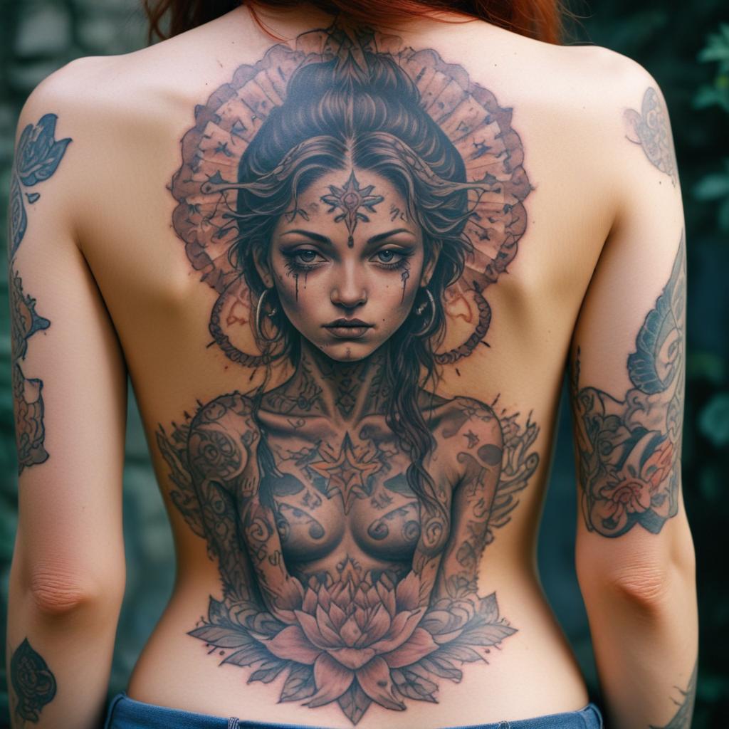 Uma tatuagem espiritual nas costas que simboliza a conexão com o divino, paz interior e energia espiritual