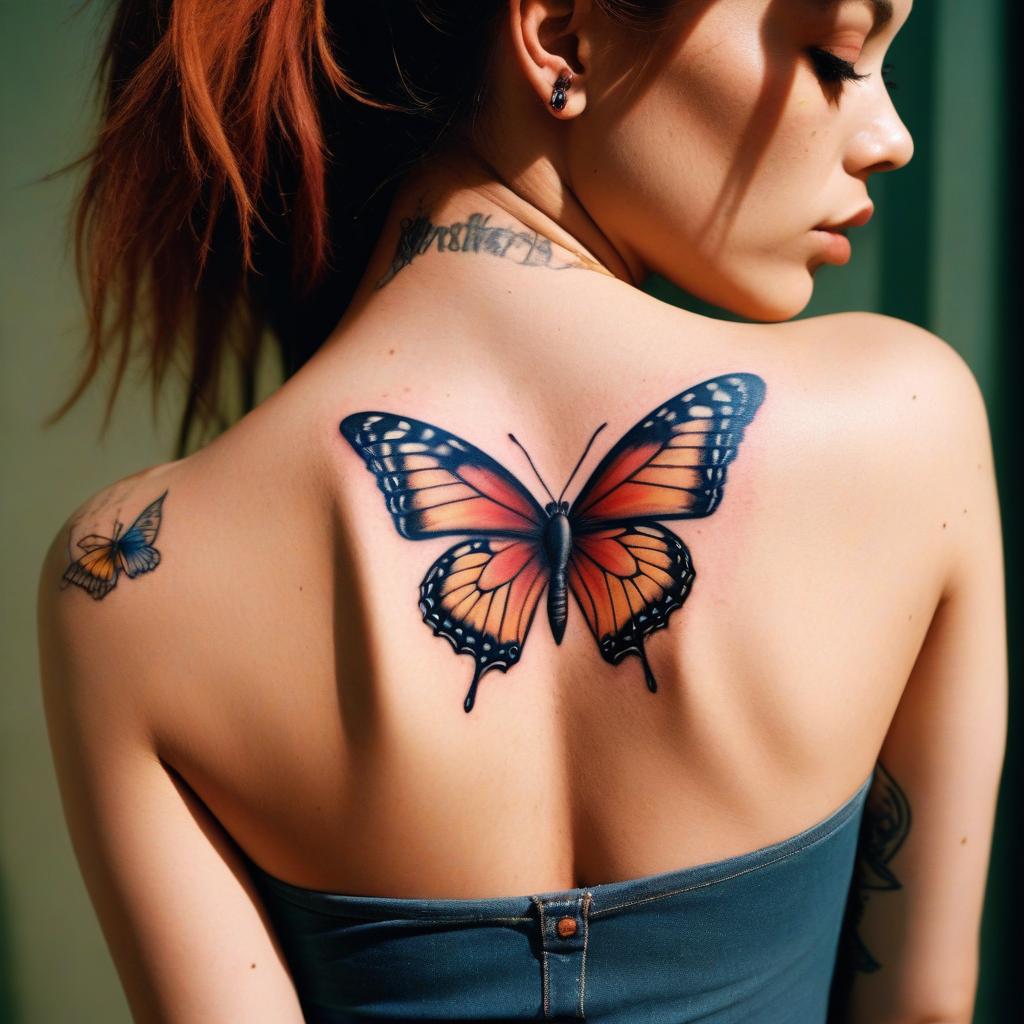 Uma tatuagem de borboleta colorida nas costas que simboliza transformação, liberdade e beleza