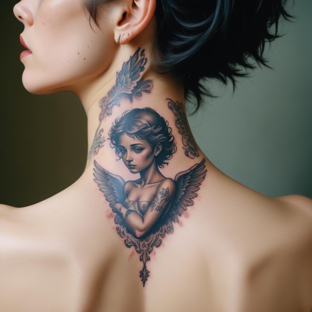 Uma tatuagem de anjo no pescoço feminina que simboliza proteção, espiritualidade e pureza.