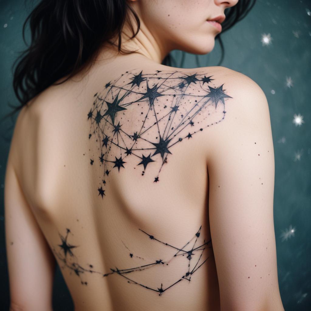 Uma tatuagem de constelações nas costas que simboliza a conexão com o universo e os mistérios do cosmos. 