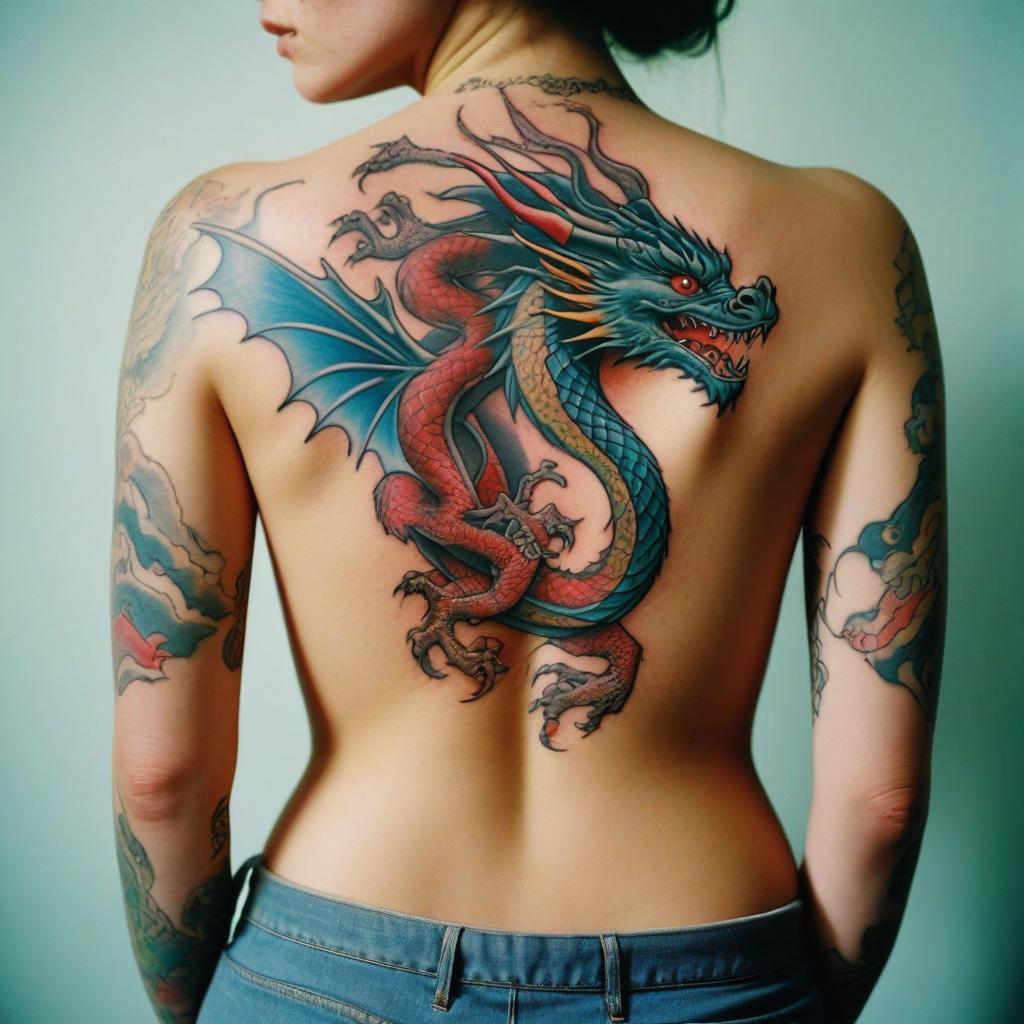 Uma tatuagem de dragão colorido nas costas que simboliza poder, sabedoria e transformação