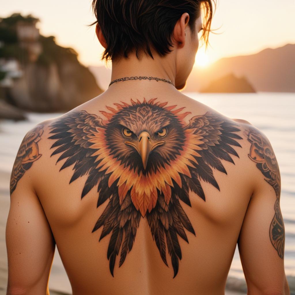 Uma tatuagem de águia nas costas que simboliza liberdade, poder e visão aguçada. Ideal para homens que desejam expressar sua força interior e espírito destemido