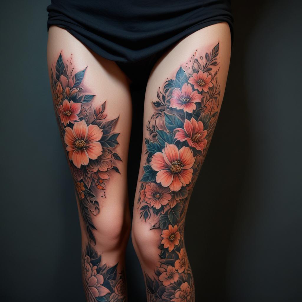 Uma tatuagem na perna de manga completa floral  que simboliza beleza, feminilidade e conexão com a natureza