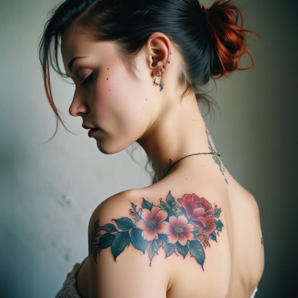 Uma tatuagem floral colorida no ombro que exala feminilidade, delicadeza e beleza natural