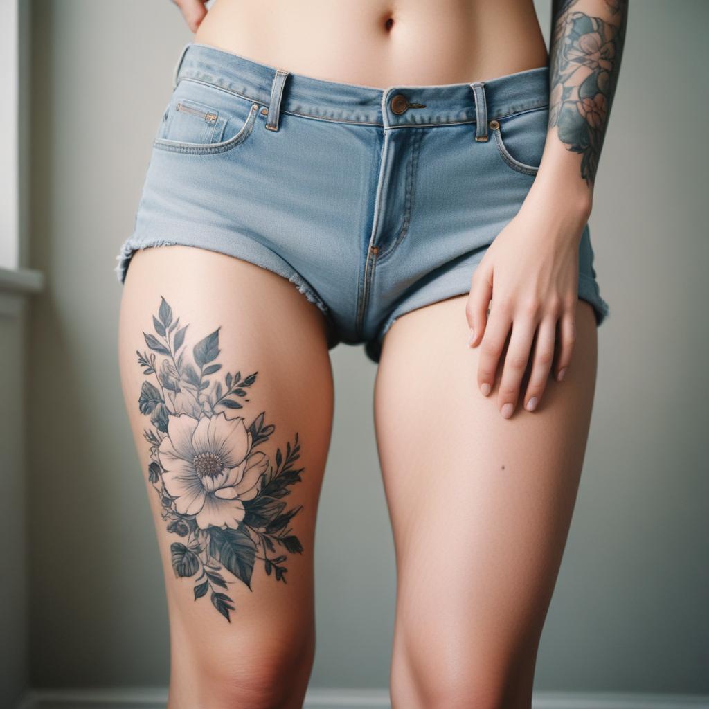 Uma tatuagem na coxa floral que simboliza delicadeza, beleza e feminilidade