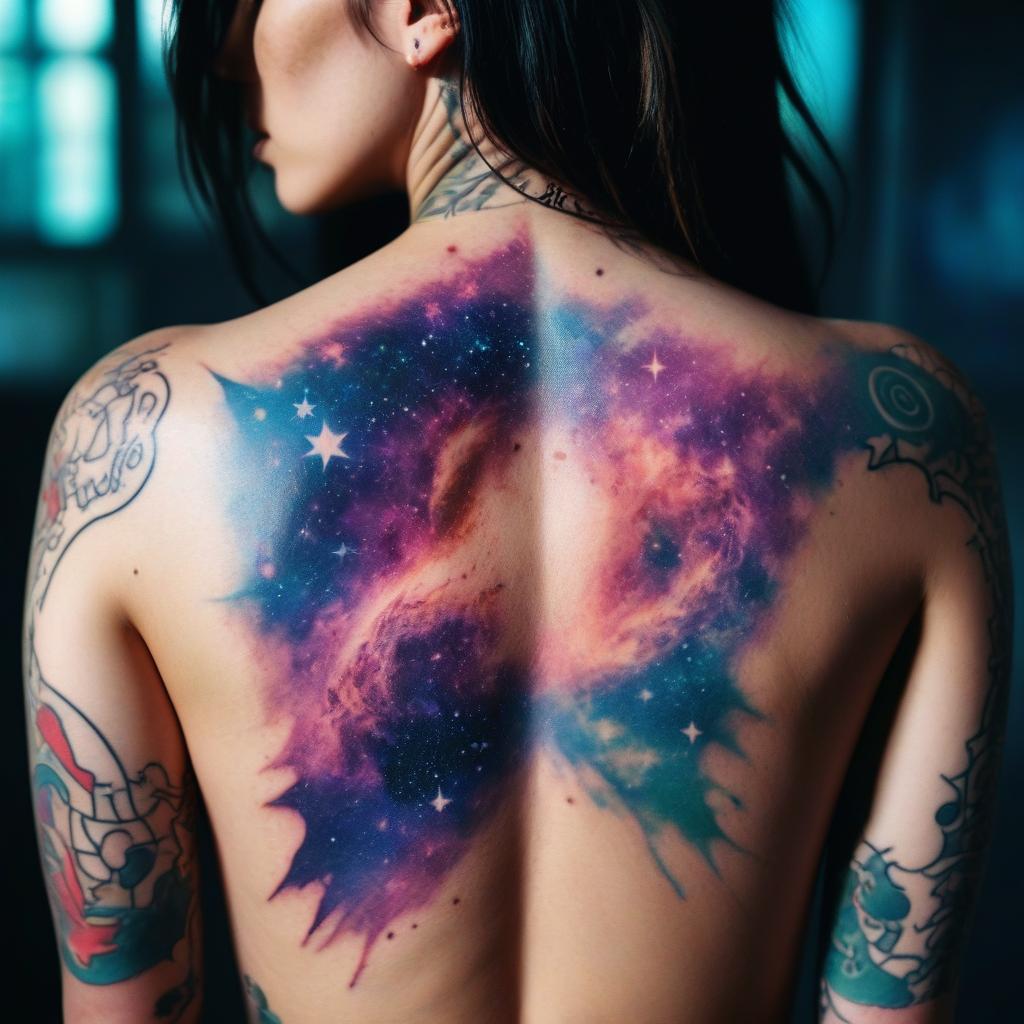 Uma tatuagem de galáxia colorida nas costas que simboliza mistério, infinitas possibilidades e conexão com o cosmos