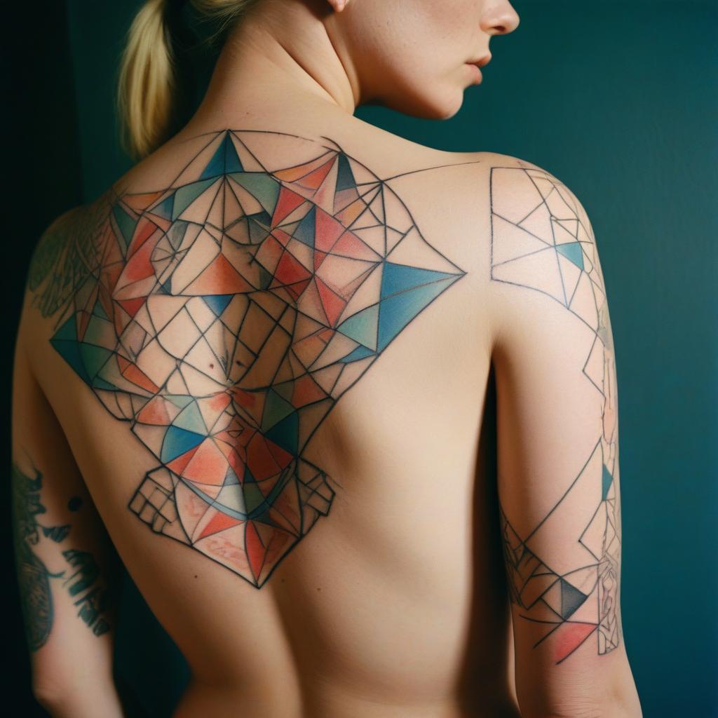 Uma tatuagem geométrica colorida nas costas que simboliza modernidade, equilíbrio e arte