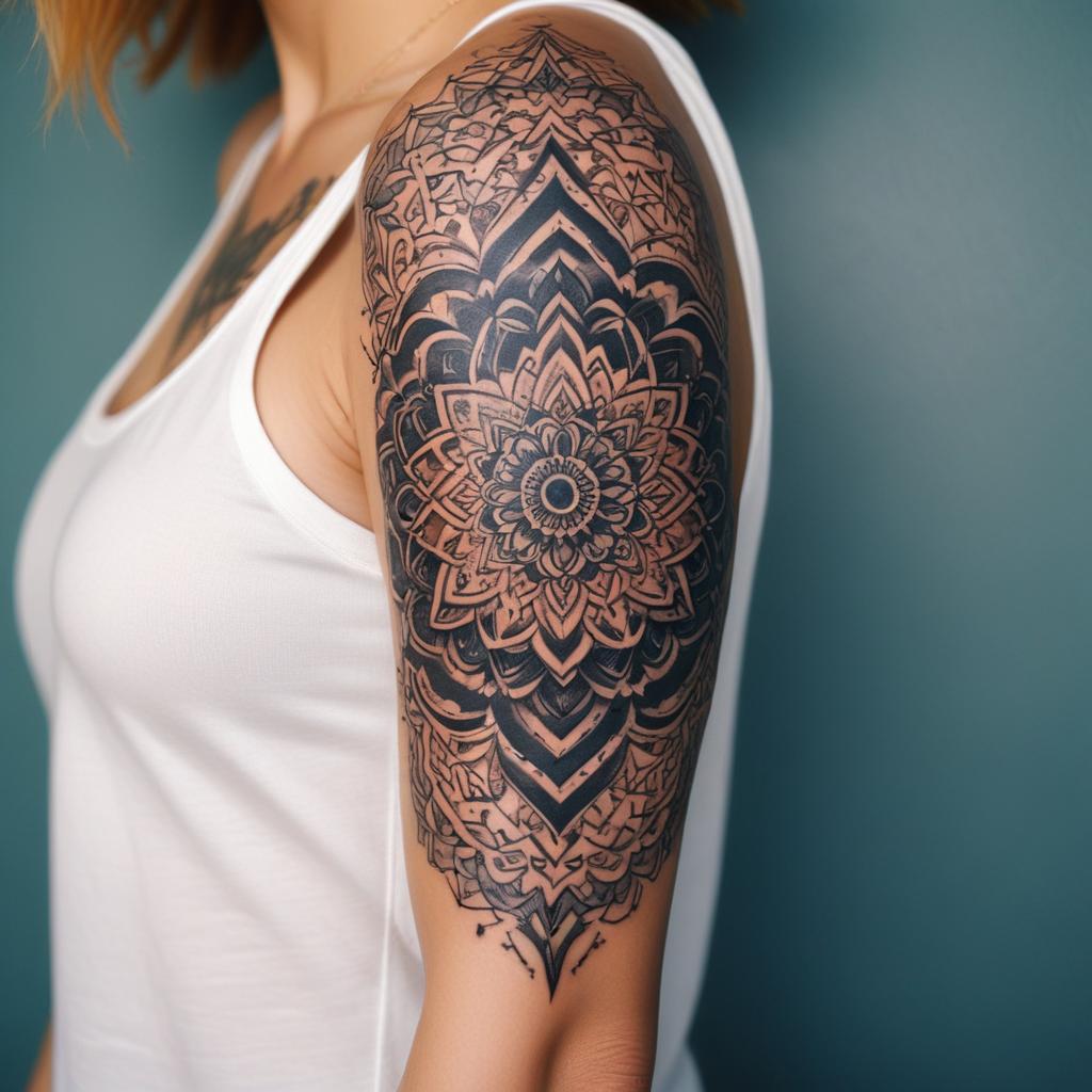 Tatuagem no Braço Feminino de Mandala Geométrica 
