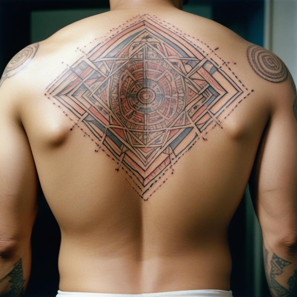 Uma tatuagem geométrica nas costas que simboliza precisão, equilíbrio e modernidade.