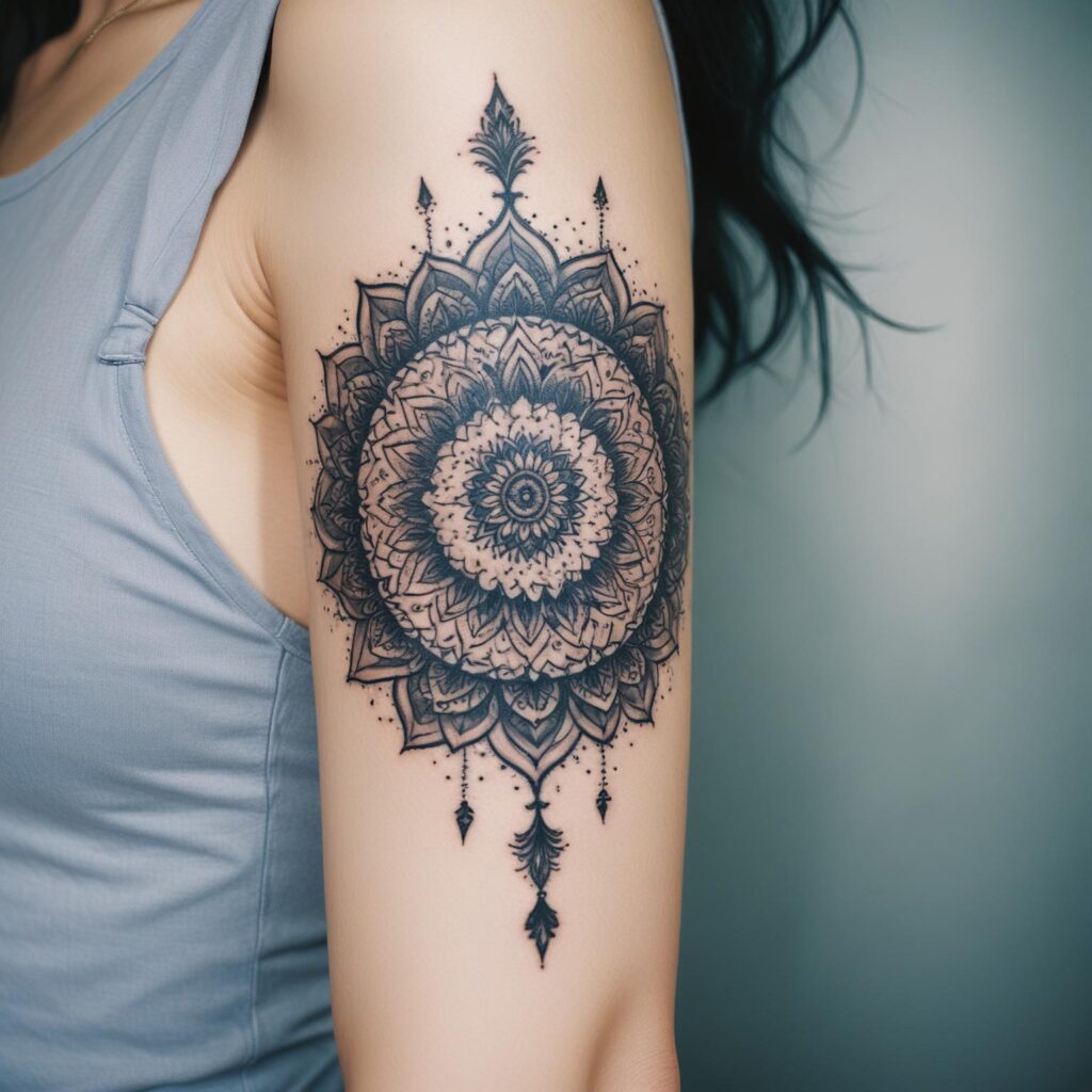 Uma tatuagem de mandala no braço feminina que simboliza equilíbrio, paz e espiritualidade