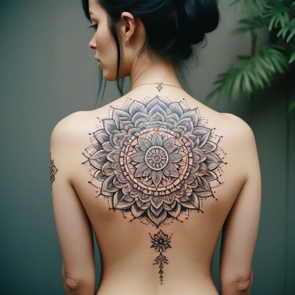 Uma tatuagem de mandala nas costas feminina que simboliza equilíbrio, harmonia e conexão espiritua