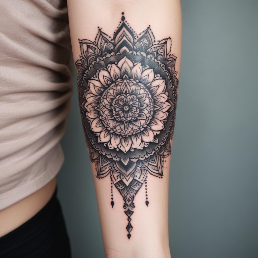 Uma tatuagem de mandala no antebraço feminina que simboliza equilíbrio, harmonia e espiritualidade