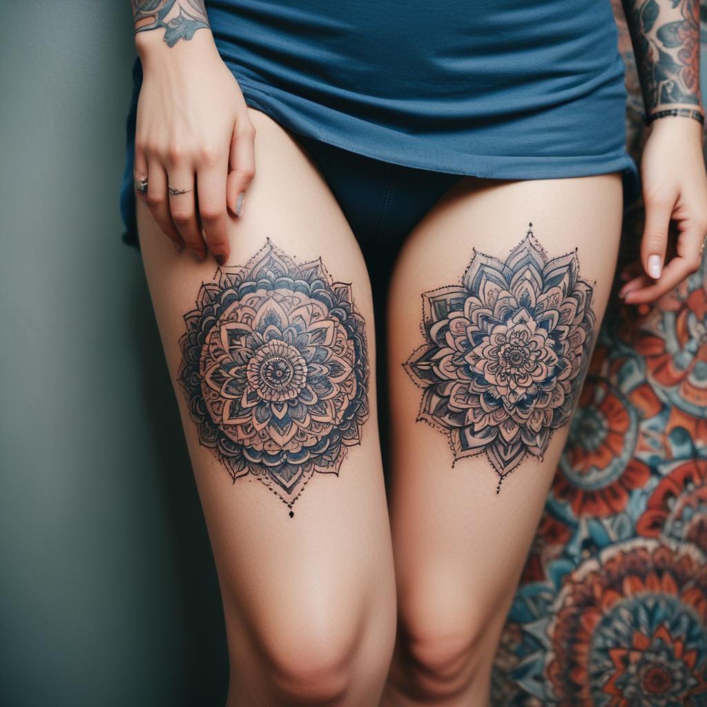 Uma tatuagem de mandala na coxa feminina que simboliza equilíbrio, feminilidade e força interior