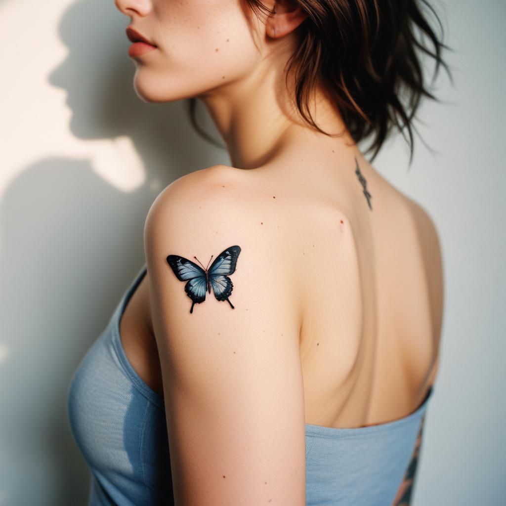 Uma tatuagem minimalista de borboleta no braço feminina que simboliza transformação, liberdade e beleza