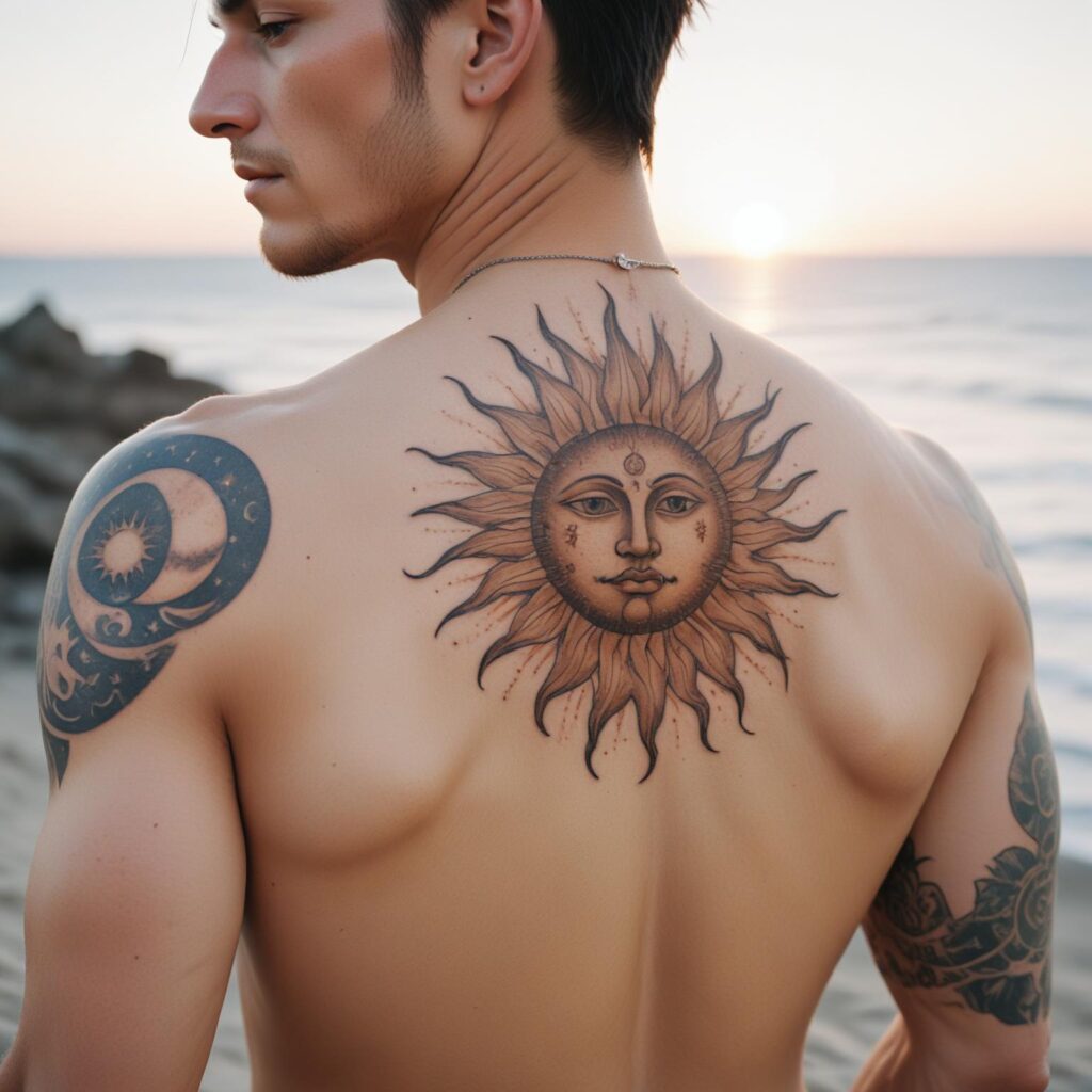 Uma tatuagem de sol e lua nas costas que simboliza o equilíbrio entre forças opostas