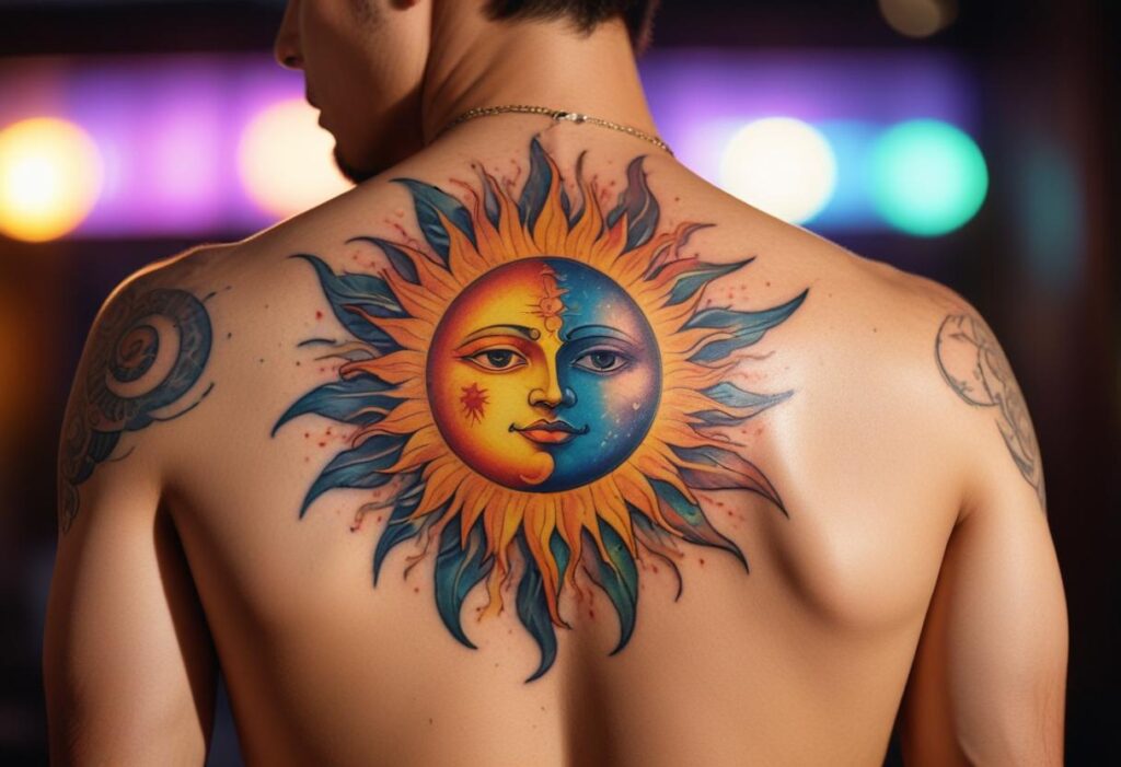 Uma tatuagem de sol e lua nas costas que simboliza o equilíbrio entre opostos, como luz e escuridão, força e serenidade.