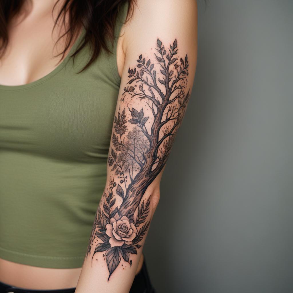 tatuagem no braço feminino inspirada na natureza no braço feminino
