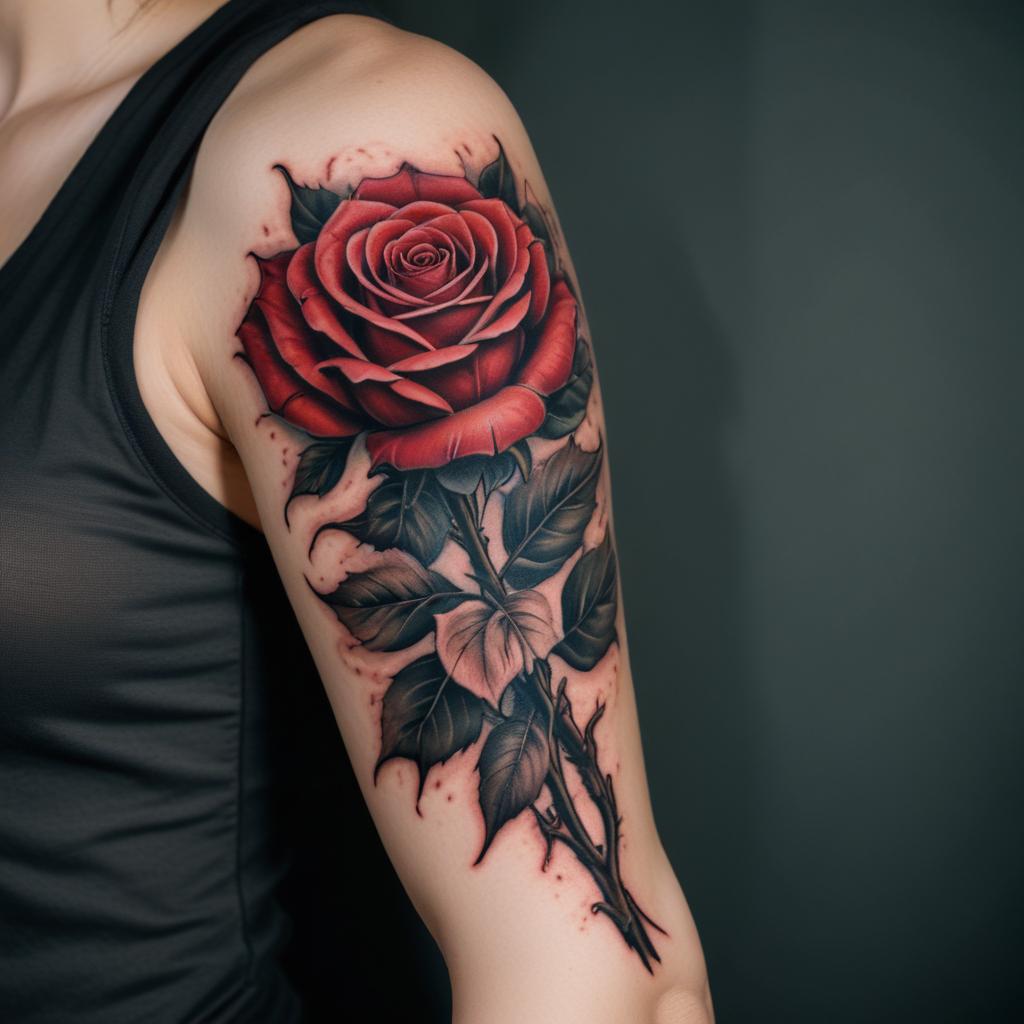 Uma tatuagem de rosa no braço que exala elegância e simboliza o amor e a força interior