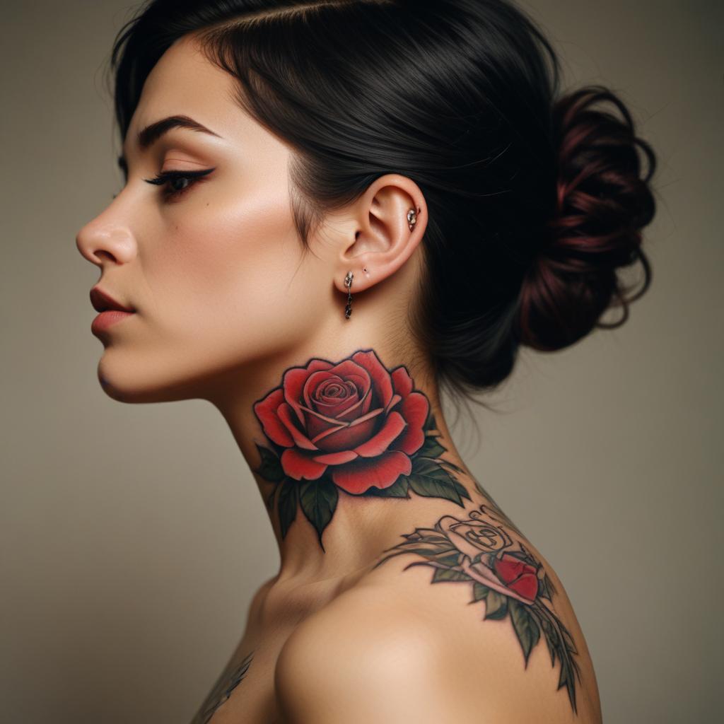 Uma tatuagem de rosa no pescoço que simboliza beleza, amor e delicadeza