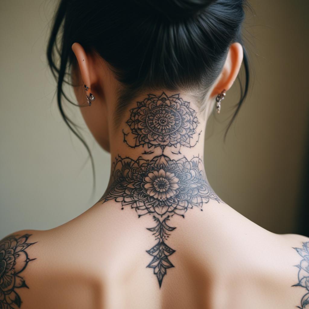 Uma tatuagem no pescoço de mandala pequena  que simboliza equilíbrio e harmonia